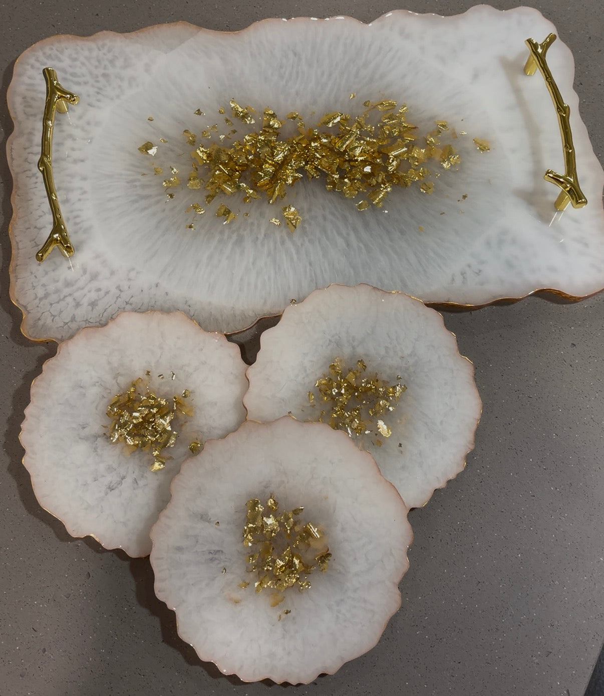 Gold Resin Tray with Matching Coasters